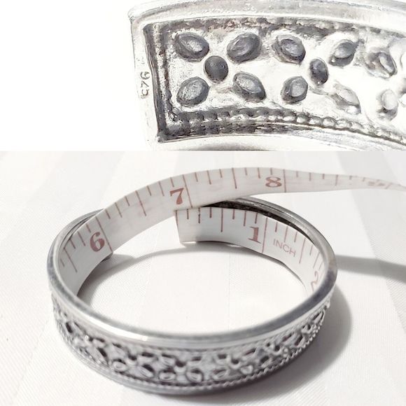 Vintage 925 Sterling Silver Flower embossed Art Deco Cuff Bangle 30 gram - Picture 9 of 13